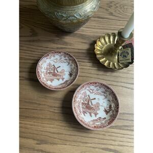 Vintage Brown Transfer Ware Berry Bowl Holland Windmill Japan Set Of 2